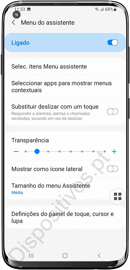 Ajustes de menu de assistência Samsung Galaxy