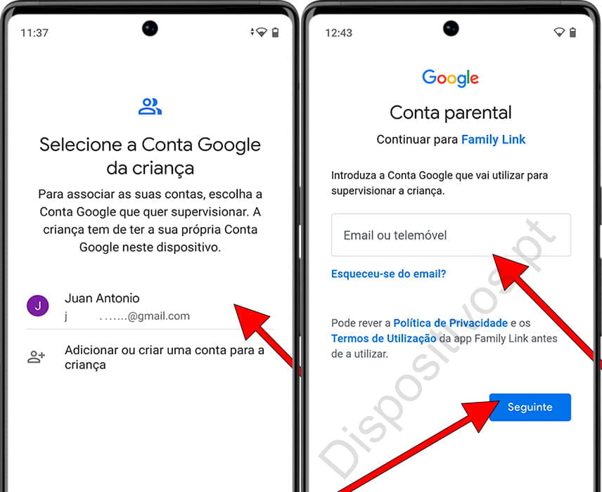 Conta do Google no controle dos pais do Android