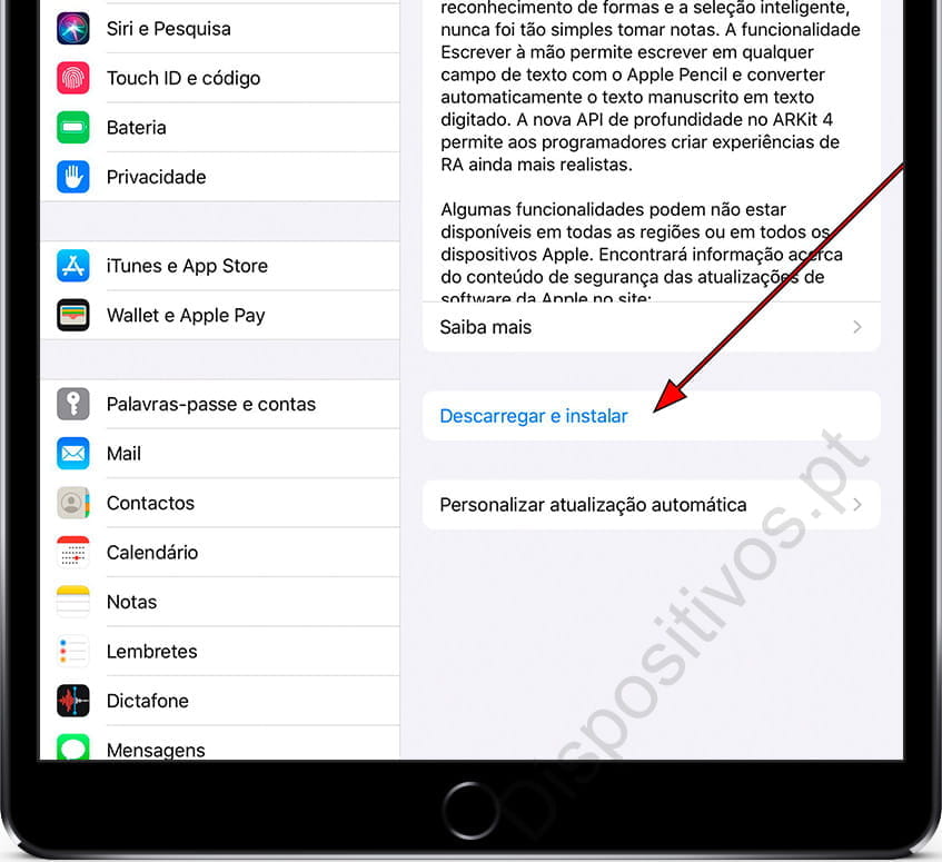 Descarregar e instalar atualização de software iPad