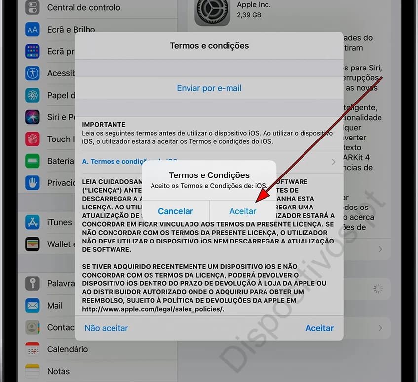 Aceita termos e Condições iPad