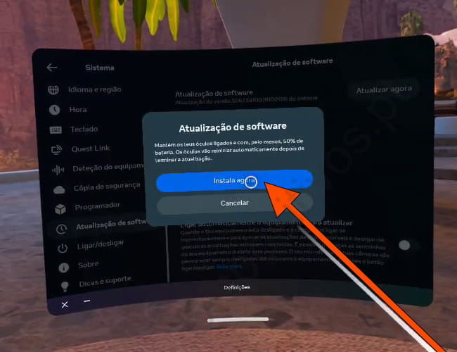 Confirme a instalação da atualização do Meta Quest
