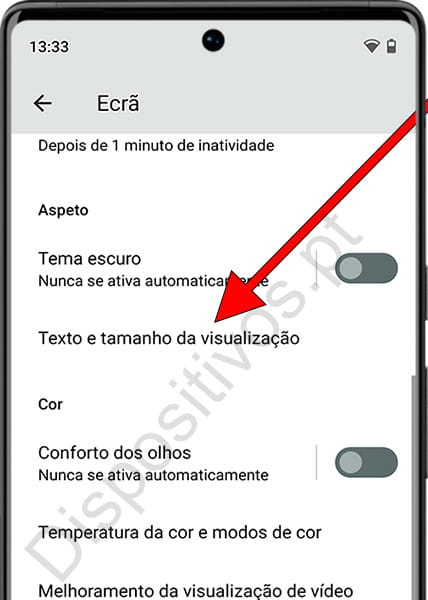 Tamanho e texto da tela do Android