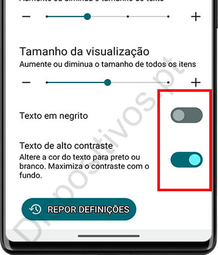 Texto em negrito e alto contraste no Android