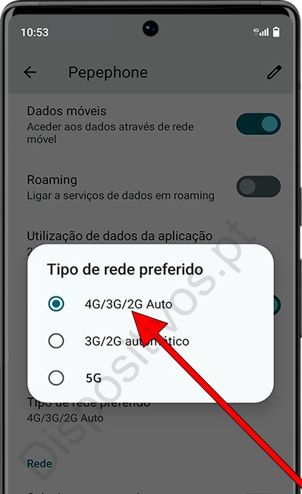 Alterar o tipo de rede 5G Android