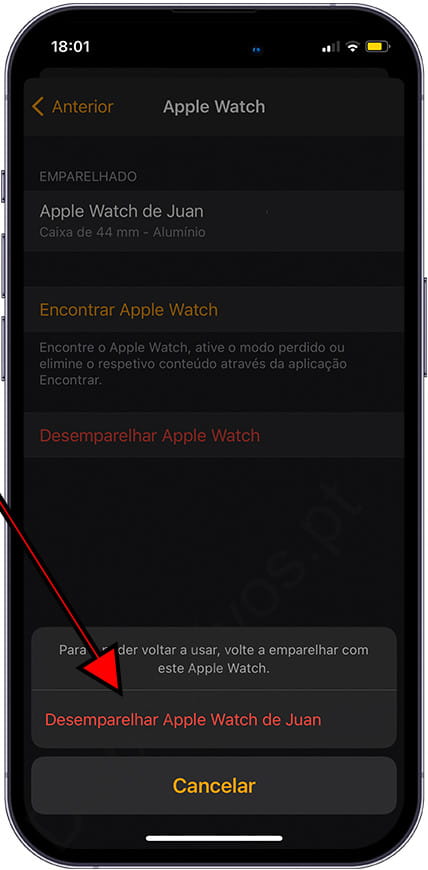 Confirme o desemparelhamento do Apple Watch