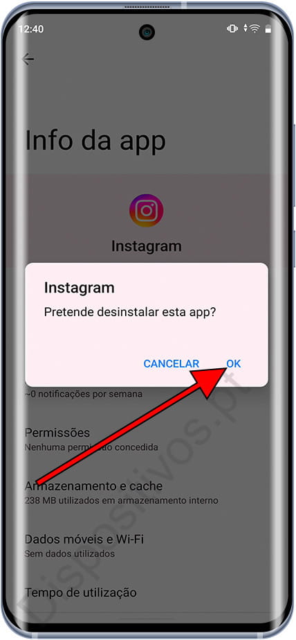 Confirme a desinstalação do aplicativo Android