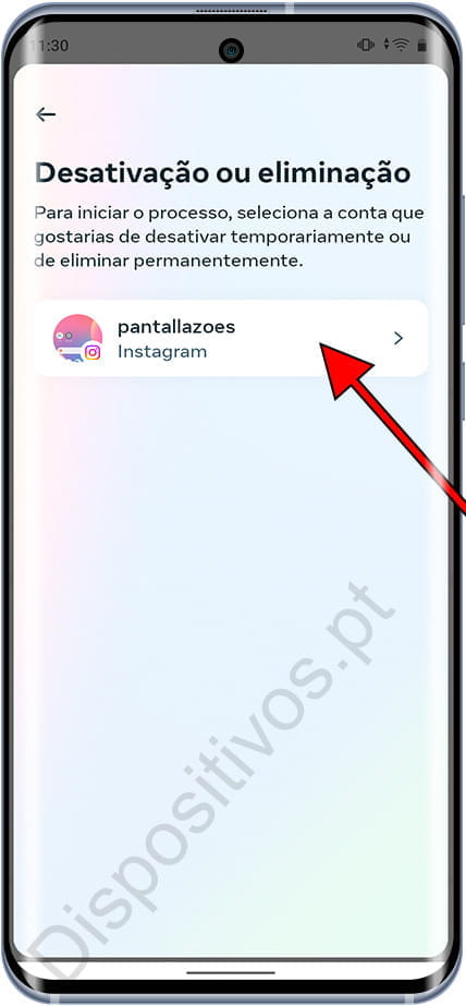 Escolha a conta para excluir o Instagram