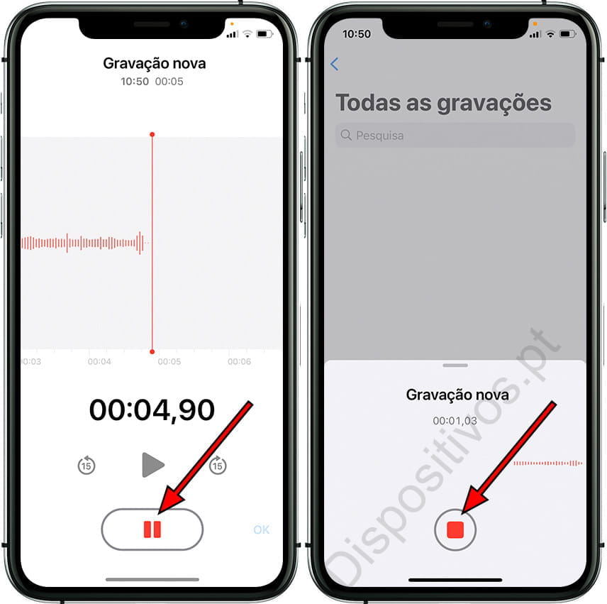 Pausar ou parar o memo de voz no iPhone