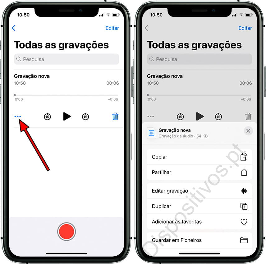 Opções de gravação de voz do iPhone