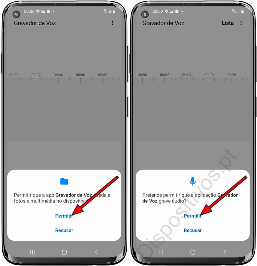 Permissões do gravador de voz Samsung