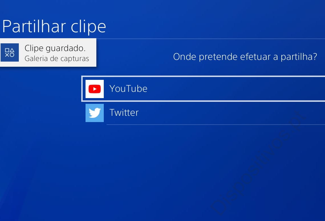 Opções de compartilhamento de videoclipe PS4