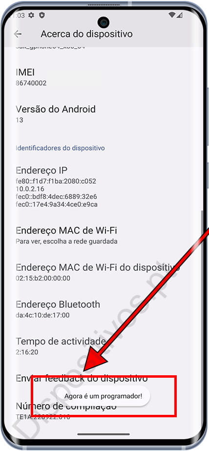 Modo de desenvolvimento ativado no Android