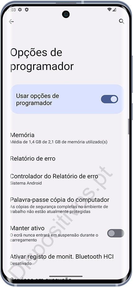 Menu de opções de programador no Android