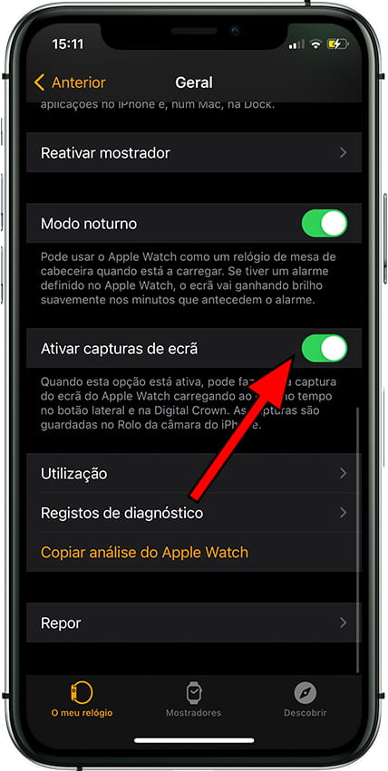 Ativar capturas de tela do Apple Watch