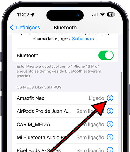 Configurações de dispositivo Bluetooth no iPhone