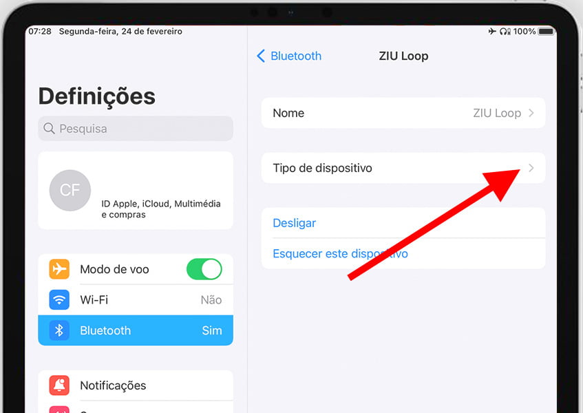 Tipo de dispositivo Bluetooth no iPhone