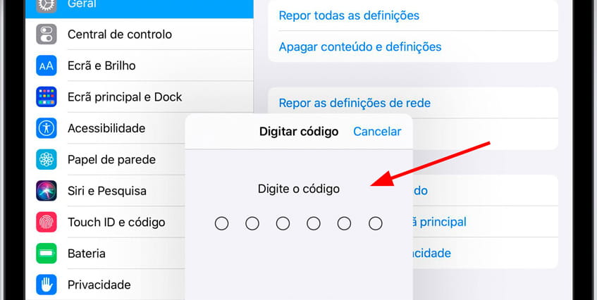 Insira o código do iPhone