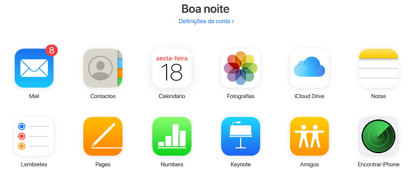 Tela inicial do iCloud