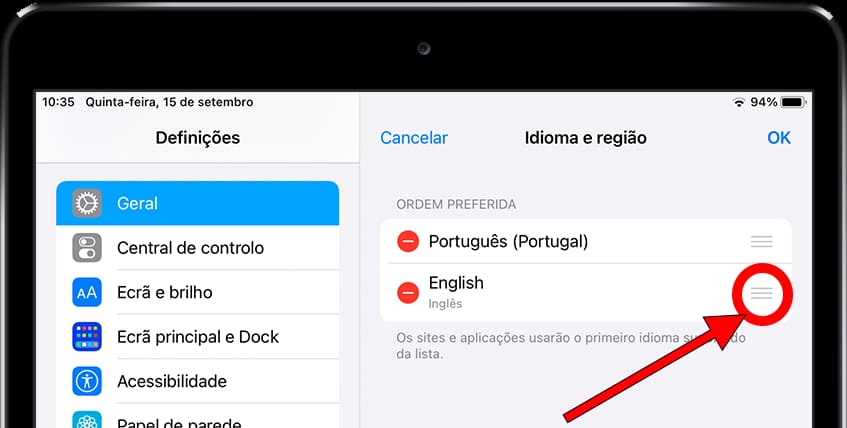 Alterar idiomas de pedidos iOS