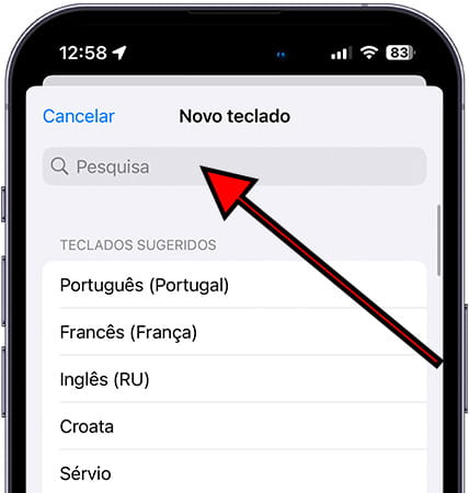 Pesquisar idiomas de teclado iOS