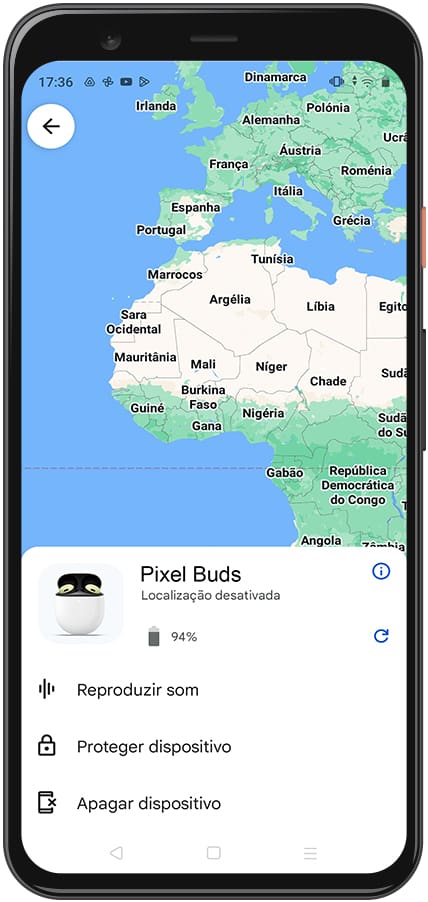 Mapa de localização dos Pixel Buds Pro