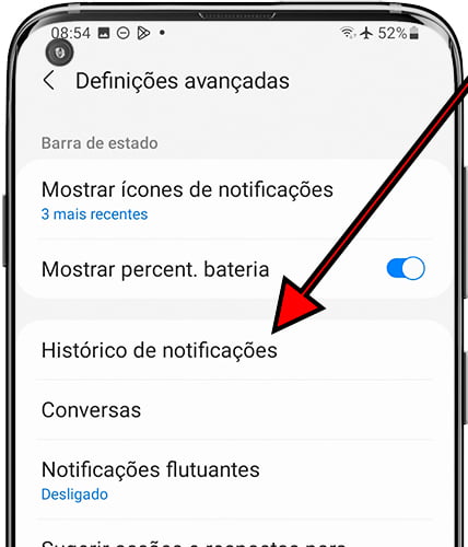 Histórico de notificações da Samsung