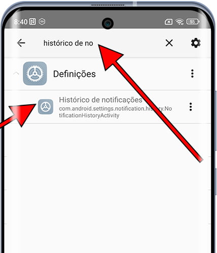 Histórico de notificações no Iniciador de atividades