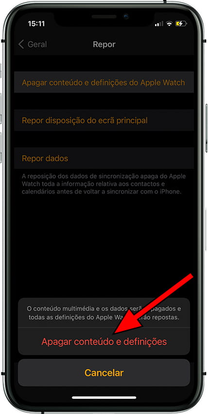 Confirme a exclusão de conteúdo e configurações Apple Watch