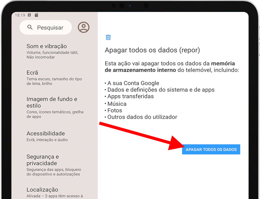 Apagar todos os dados Android