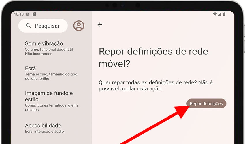 Confirmar redefinição das configurações de rede no Android