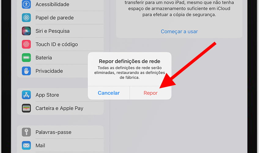 Confirmar para redefinir as configurações de rede do iPhone