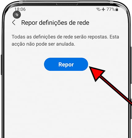 Confirmar redefinição das configurações de rede no Samsung