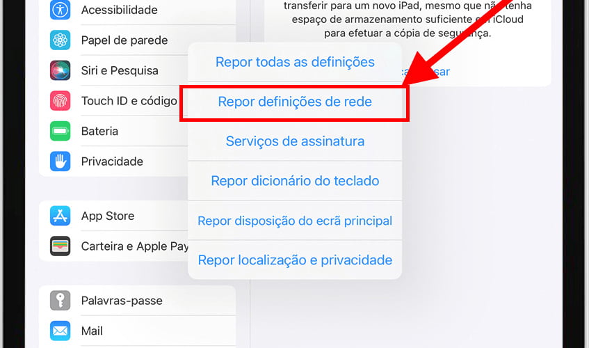 Botão de redefinição das configurações de rede do iPhone