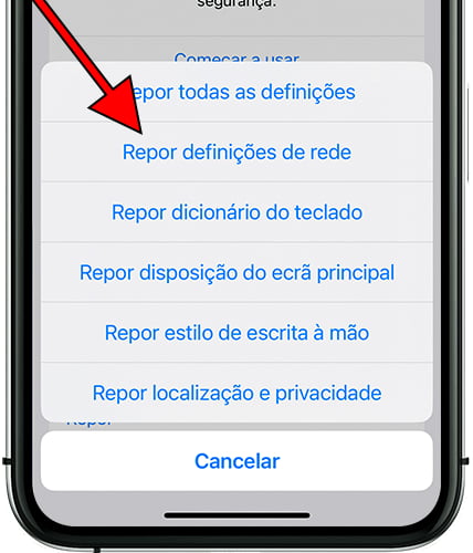 Botão de redefinição das configurações de rede do iPhone