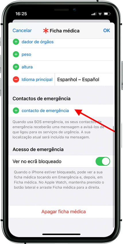 Adicionar contatos de emergência do iPhone