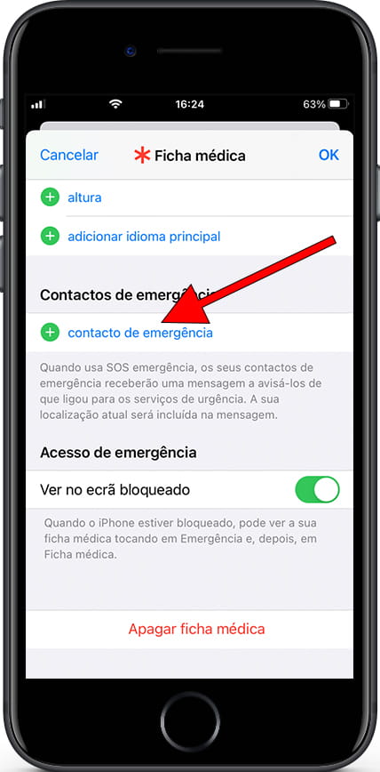 Adicionar contatos de emergência do iPhone