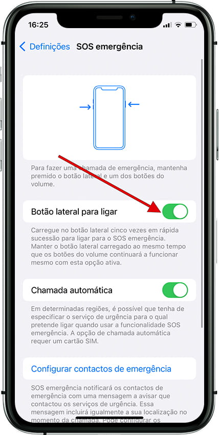 Chamada de emergência com botão lateral iPhone 16 Pro